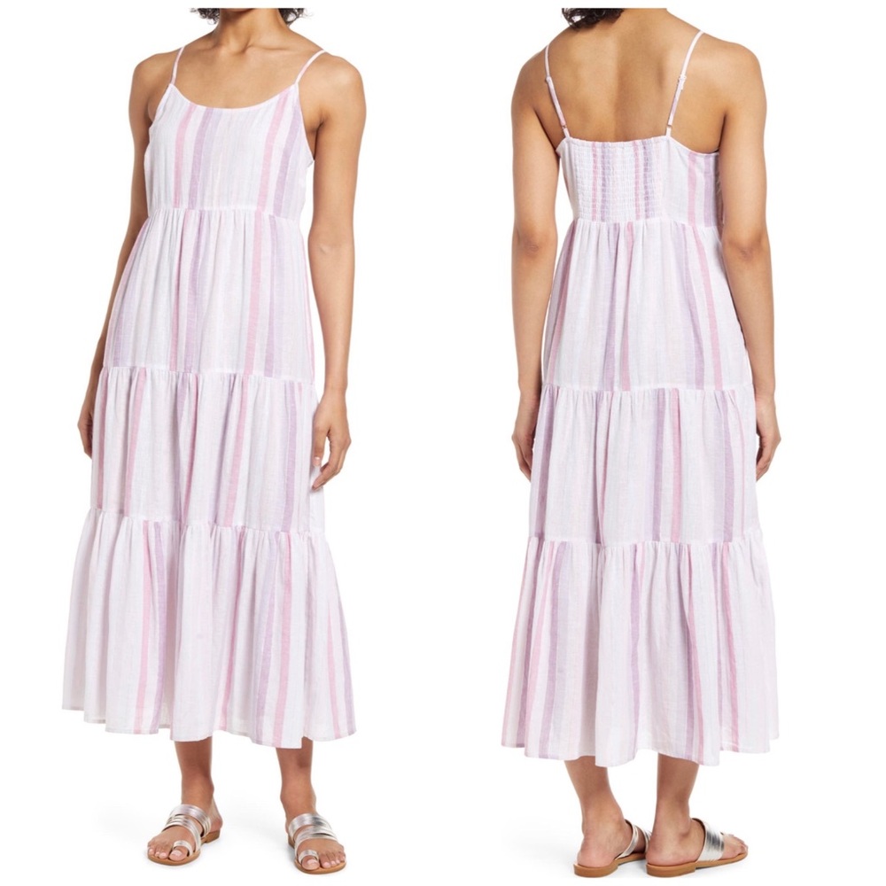 NWOT BEACHLUNCHLOUNGE Lara Stripe Linen Cotton Tiered Midi Sundress Viola, Large
